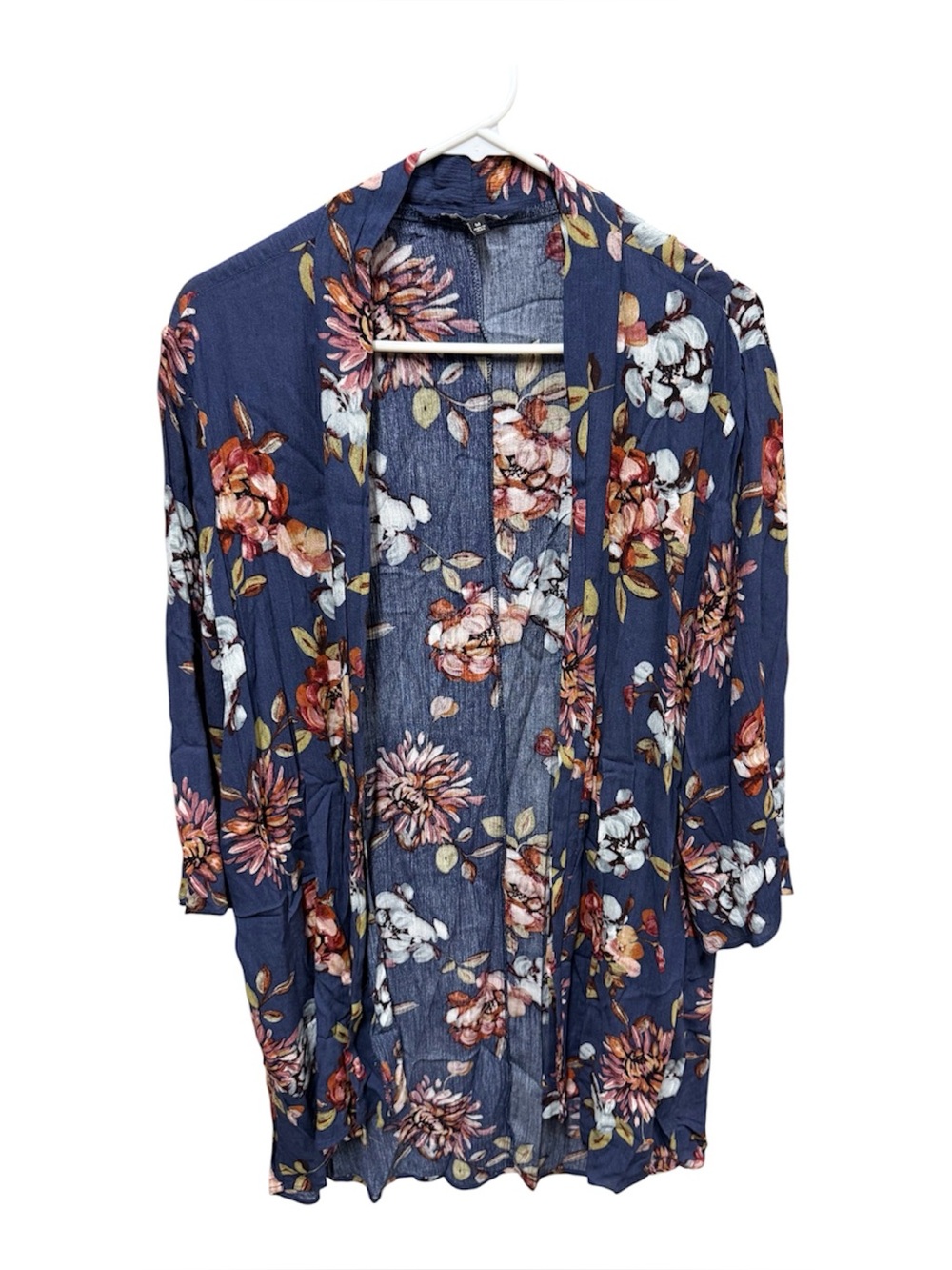 Pink Clover Navy Floral Open-Front Kimono Duster Medium
